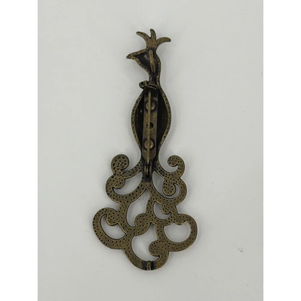 Vintage Bronze Peacock Brooch Pendant Purple Green Rhinestone Statement‎ Jewelry